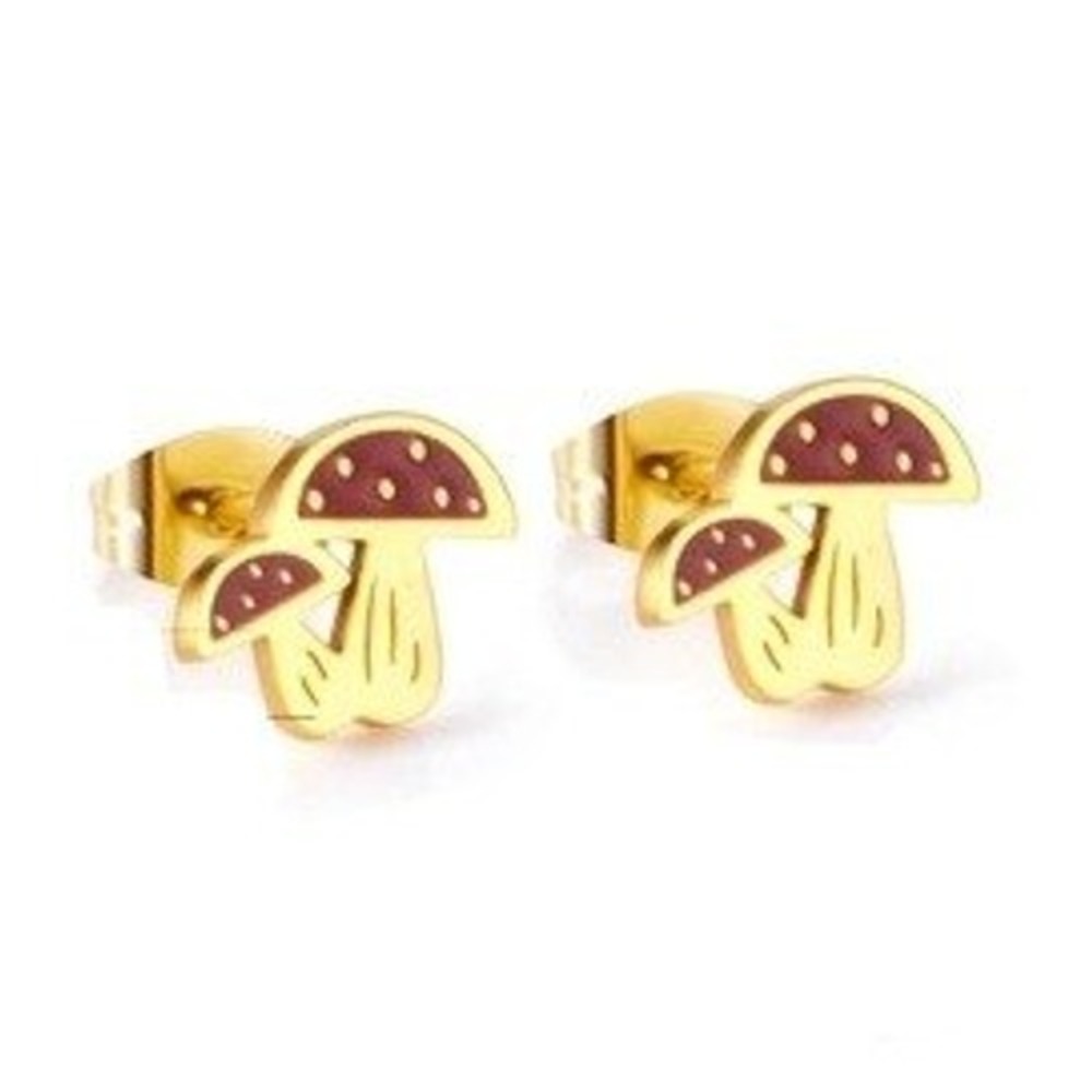 Gold Plated Stainless Steel Mushroom Stud Earrings Toadstool Jewelry Womens